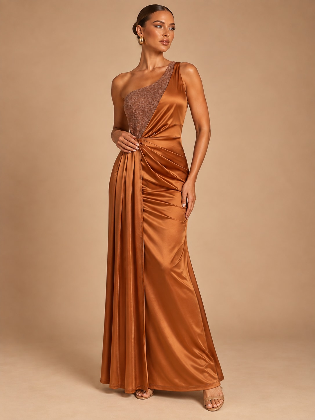 Orange Copper One-Shoulder Sequin Satin Dress for Gala & Wedding